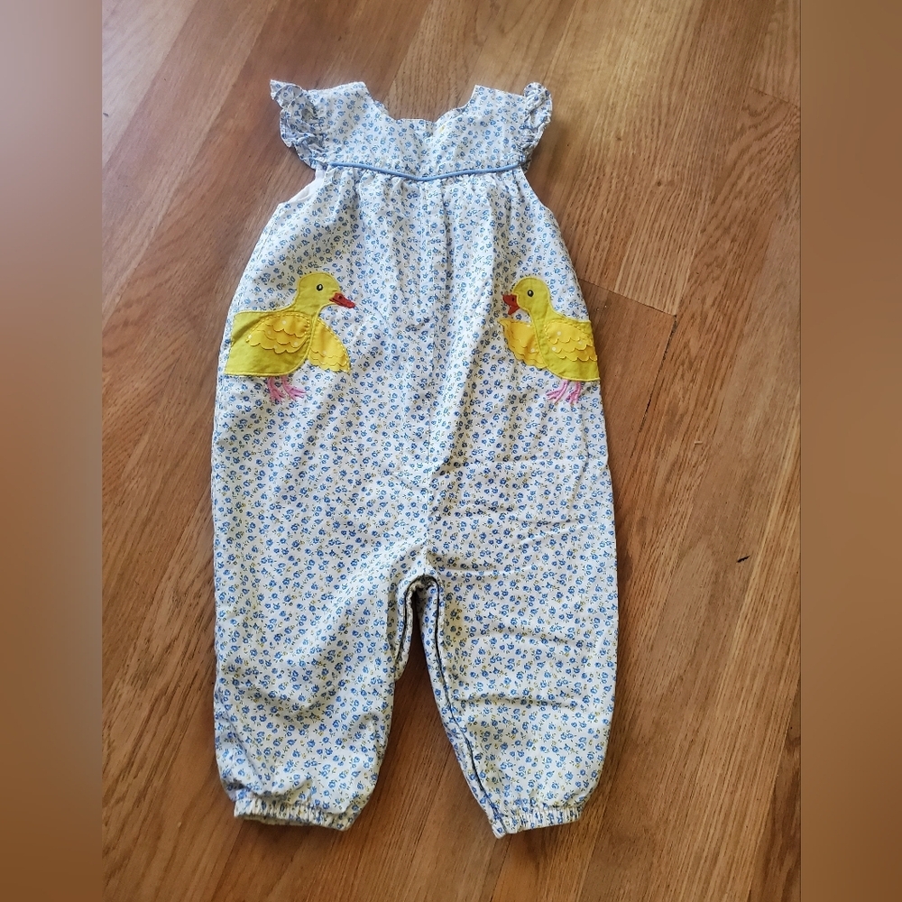 Baby Boden Pale Blue Tiny Rose Chicks Ruffle Romper Size 12 - 18 Months